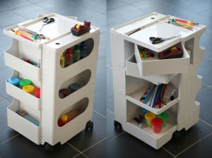 Bobbly trolley with art equipment inside